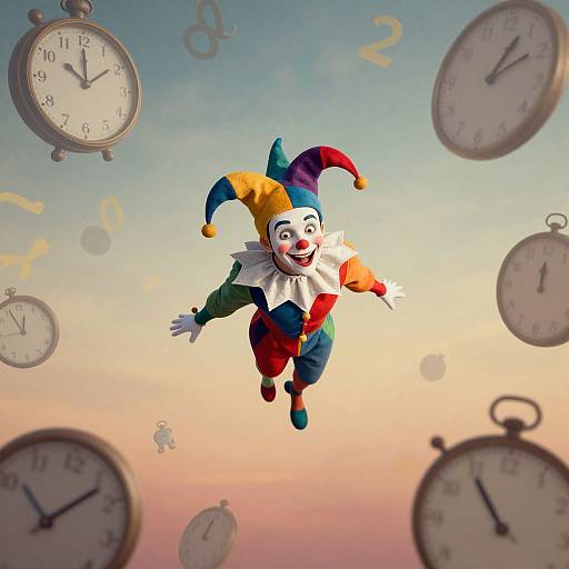 Digital illustration of a colorful jester with a red, blue, and yellow jester hat, flying amidst floating vintage clocks against a pastel sunset sky