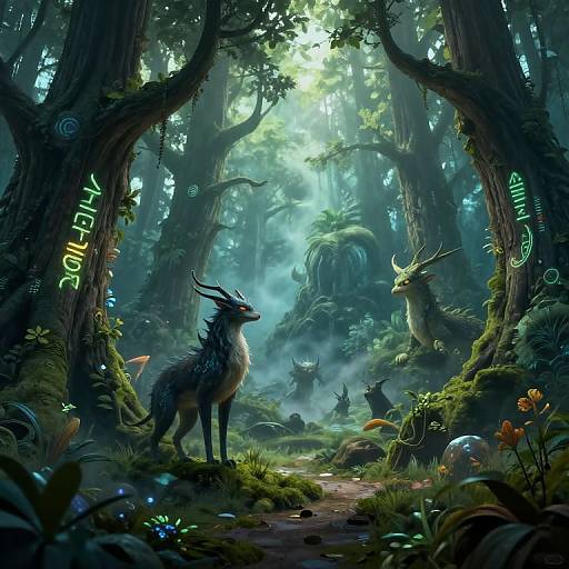 Digital fantasy forest scene: Two horned, dark-furred creatures stand facing a glowing, antlered creature among glowing plants and mushrooms, with mist