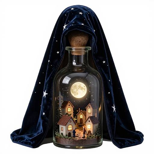 Photograph of a glass bottle with a moonlit village scene inside, topped by a dark blue velvet cloak adorned with stars.