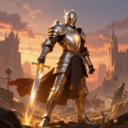 CGI image of a shining, armored knight with a glowing sword, standing in a ruined, sunset-lit medieval cityscape.