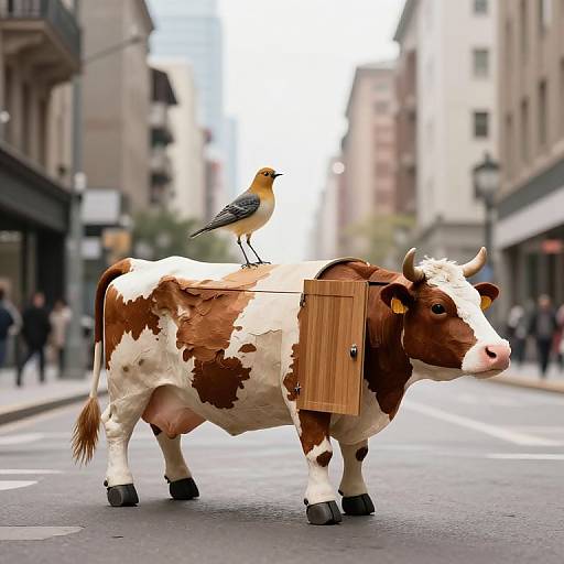 Photograph of a brown and white cow with a wooden box on its side, standing on a city street with a yellow bird perched on its back