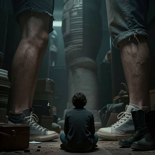 Photograph-style CGI: Overpowering view of muscular, bloodied legs in ripped jeans and white sneakers, looming over a small, cowering figure