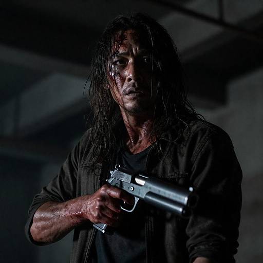 Bloodied man with gun in dim industrial setting