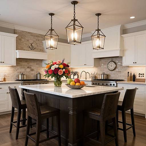 Photograph of a modern kitchen with white cabinets, marble island, three black bar stools, three lantern pendant lights, colorful flower bouquet, bowl of fruit
