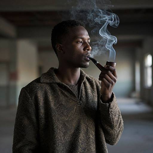 Photograph of a dark-skinned man in a brown textured sweater, smoking a pipe with blue smoke, in a dimly lit, industrial-style room