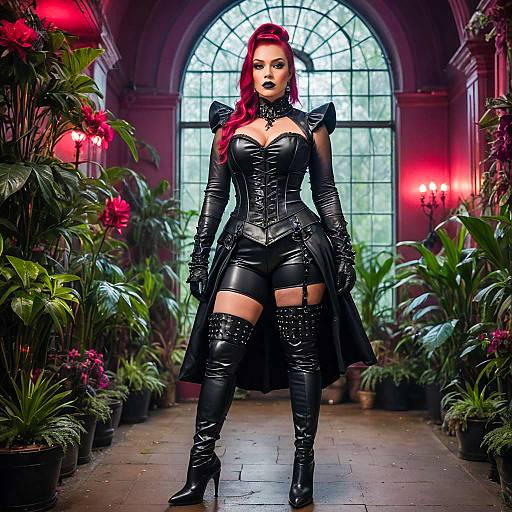 Woman in Black Leather Dominatrix Outfit in Botanical Garden