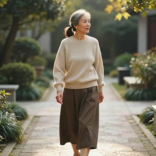 Photograph of an elderly Asian woman with gray hair in a bun, wearing a cream knit sweater and brown skirt, walking down a sunlit garden path