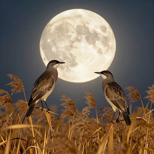 Photograph of two birds with brown and gray feathers, standing in tall grass, facing each other under a bright full moon in a dark blue night sky