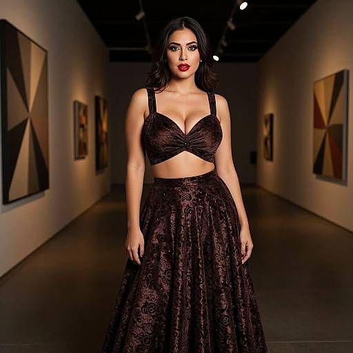 Photograph of a confident woman with long black hair, red lipstick, wearing a black lace bralette and matching skirt, standing in a dimly lit