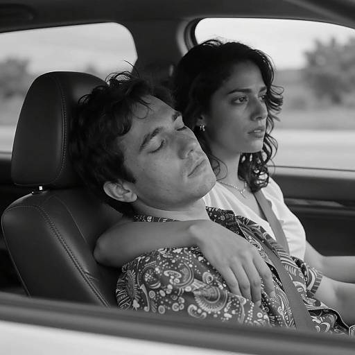 Black and White Portrait of Couple in Car