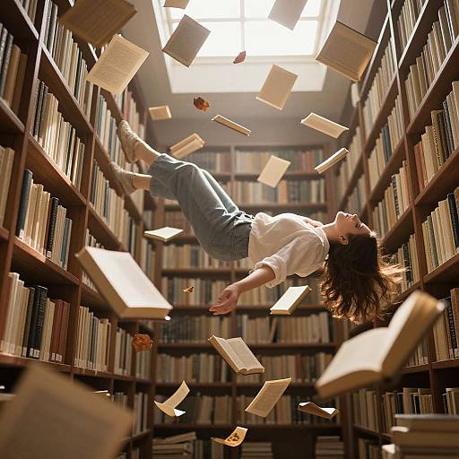 Photograph of a brunette woman in a white blouse and blue jeans, floating upside down among flying books in a sunlit library.