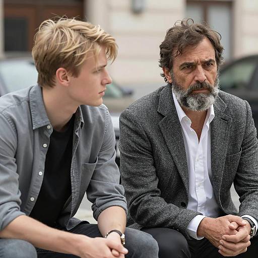Two men sitting outdoors in serious conversation