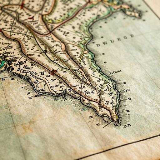 Detailed, close-up photograph of an old, colored map showing a coastal region with labeled cities, rivers, and seas, highlighting intricate black ink lines and