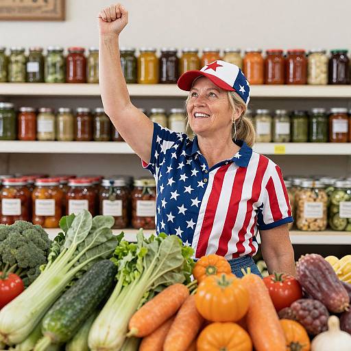Photograph of a smiling middle-aged woman in a patriotic shirt and cap, raising her fist in a grocery store, surrounded by fresh vegetables.