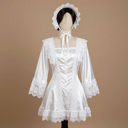 Photograph of a headless, mannequin-style dress in white satin with lace trim, long sleeves, ribbon choker, and lace headpiece
