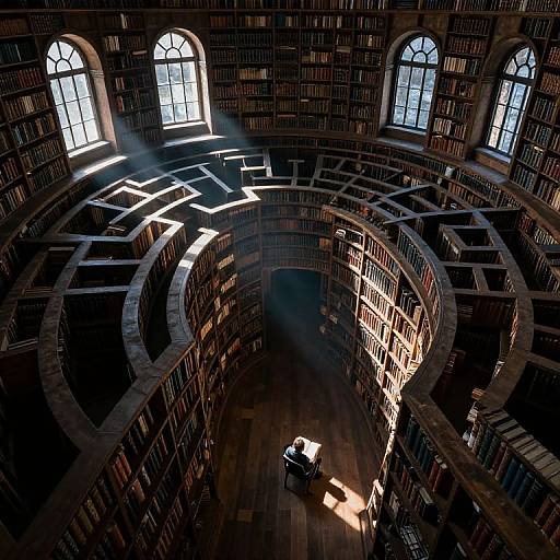 Aerial photograph of a grand, sunlit library with curved, multi-tiered bookshelves, arched windows, and dramatic sunlight beams illuminating
