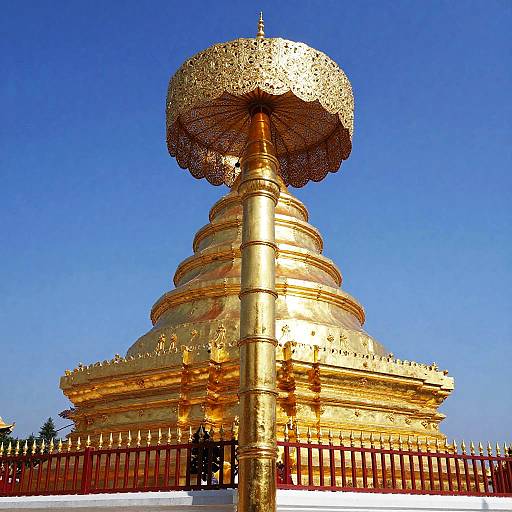 Photograph of a golden, ornate stupa with a large, intricately detailed umbrella-like top, set against a clear blue sky, surrounded by