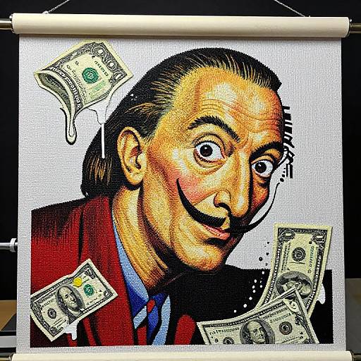 Colorful digital graffiti of a smiling man with exaggerated features, dark hair, and money bills floating around his head on a white poster.