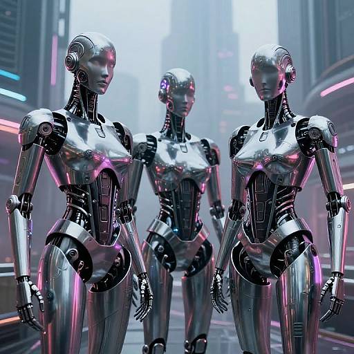 Photorealistic CGI of three sleek, metallic, female humanoid robots with pink neon accents standing in a futuristic, neon-lit city street.