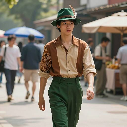 Young Man in Retro Green Hat and Vintage Outfit