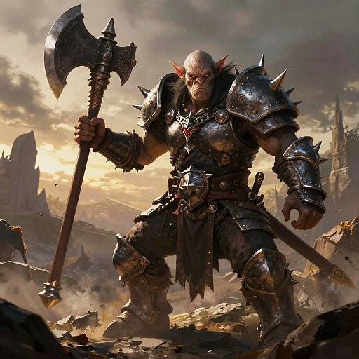 CGI fantasy image of a bald, muscular orc warrior with spiked armor, holding a massive double-headed axe, standing in a rocky, sunlit battlefield