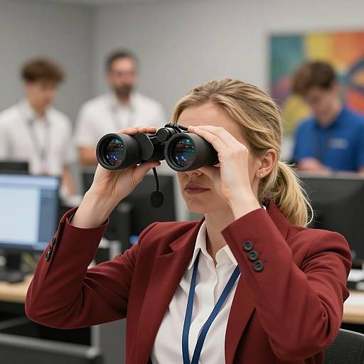 Businesswoman Using Binoculars in Office