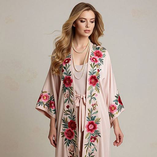 Elegant Woman in Pink Floral Robe