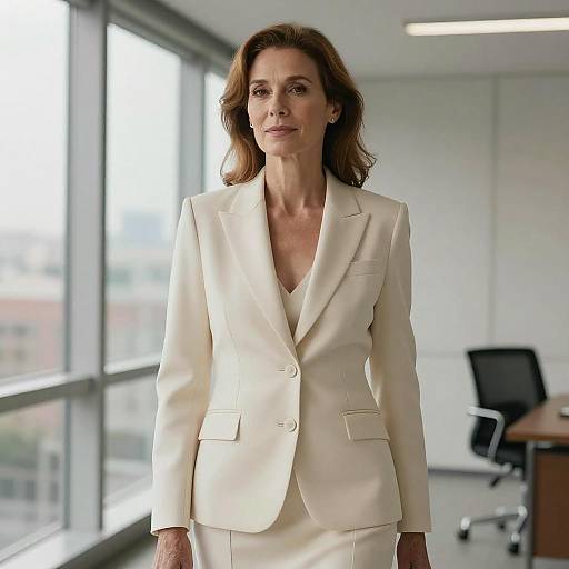 Photograph of a confident middle-aged woman with wavy brown hair, wearing a cream-colored blazer and pants, standing in a bright modern office with