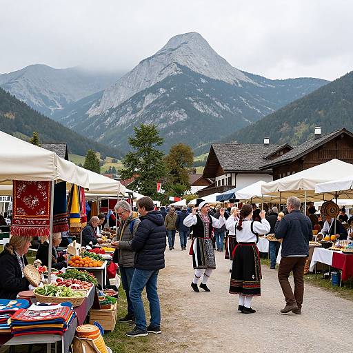 Photograph of a bustling outdoor market in a mountain village, with white tents, colorful produce, people in traditional attire, and a majestic mountain backdrop under