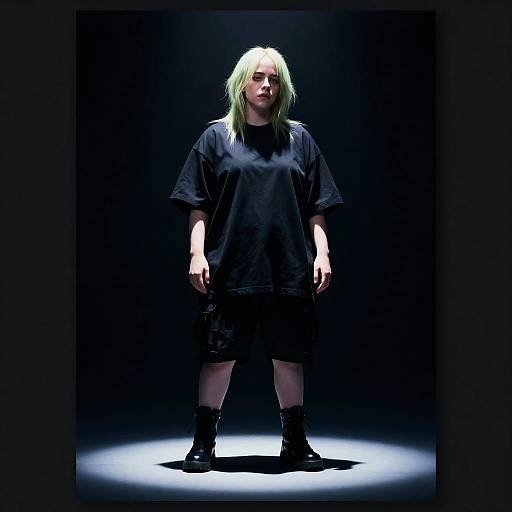 Photograph of a blonde, Caucasian man with shoulder-length hair, wearing a black t-shirt, black shorts, and black boots, standing against a dark