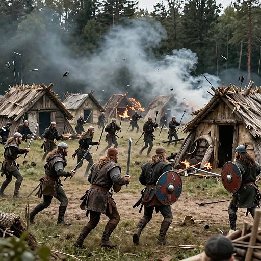 Photograph of a medieval battle scene: armored warriors with shields and swords charge amidst burning wooden huts, dense smoke rising, forest background.