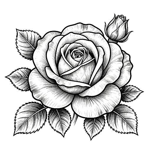 Black and white ink drawing of a detailed rose with layered petals and textured leaves, showcasing intricate line work and shading.