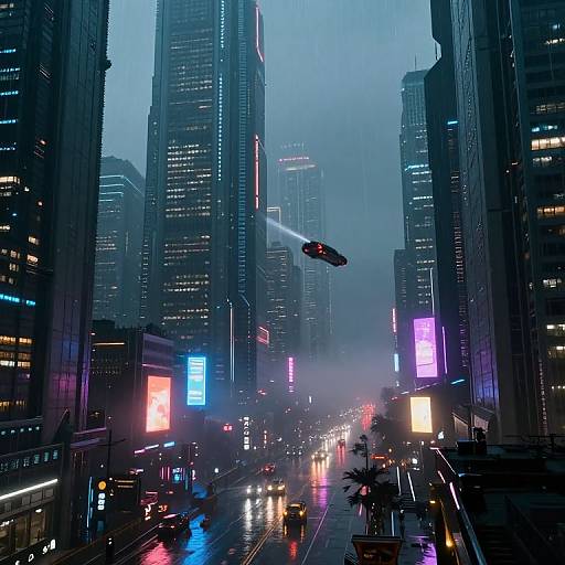 Cyberpunk cityscape photograph: Tall, neon-lit skyscrapers, rainy night, illuminated billboards, flying car, misty atmosphere,