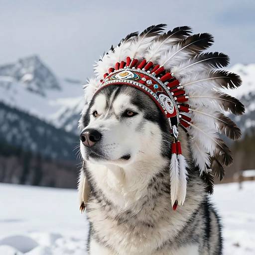 Photograph of a Siberian Husky with black and white fur, wearing a red and white feathered Native American-style headband, standing in a