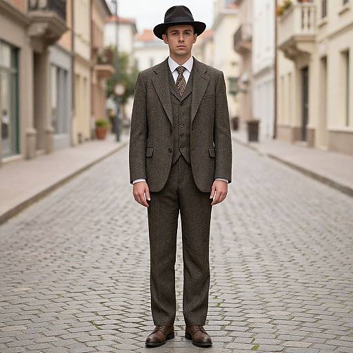 Photograph of a serious young man in a gray three-piece suit, black tie, white shirt, black hat, standing on a cobblestone street
