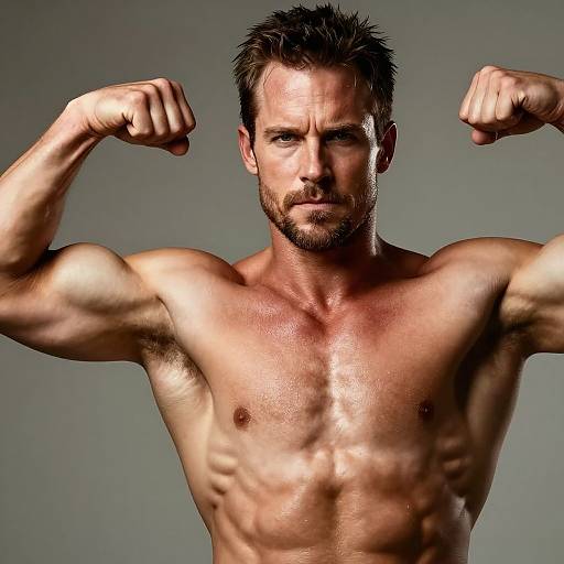 Photograph of a muscular, shirtless man with short dark hair and beard, flexing his biceps against a gray background. His defined abs and