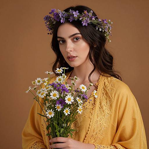 Photograph of a fair-skinned woman with dark wavy hair, wearing a yellow lace blouse, holding a bouquet of daisies and purple flowers