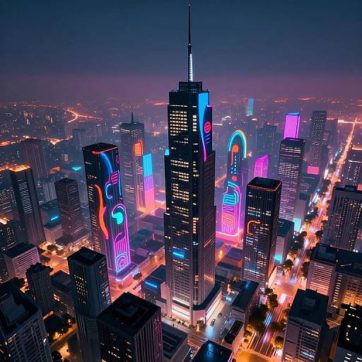 Aerial photograph of a neon-lit cityscape at night, featuring glowing skyscrapers with vibrant blue, pink, and orange signs, illuminated streets