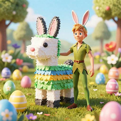 Digital CGI image of a smiling, green-clad Peter Rabbit petting a fluffy, multicolored Easter egg sheep in a sunny, colorful garden.