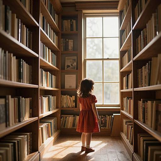 Photograph of a young girl with curly brown hair in a red dress, standing alone in a sunlit library aisle, surrounded by tall wooden booksh