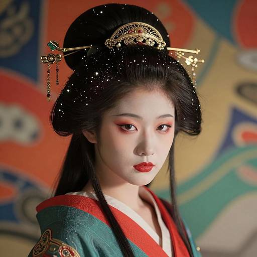 Photograph of a young Asian woman in traditional Japanese kimono and ornate black hairpiece, with red lipstick and detailed, colorful background.