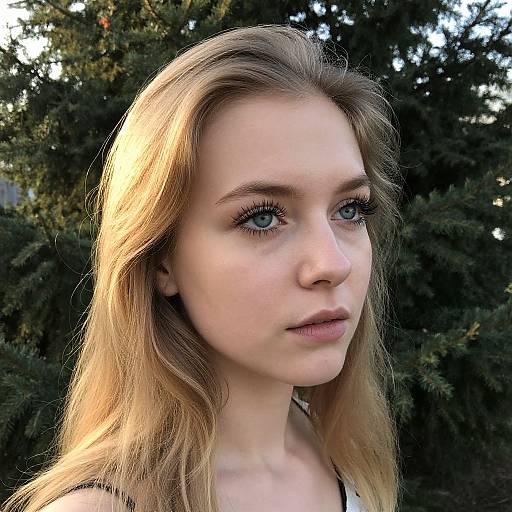 Photograph of a young Caucasian woman with long blonde hair, blue eyes, and light makeup, standing in front of a dark green tree, bathed