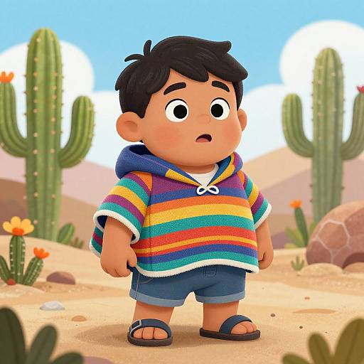 Digital cartoon of a chubby Latino boy with black hair, wearing a rainbow-striped hoodie, blue shorts, and sandals, standing in a desert with cact