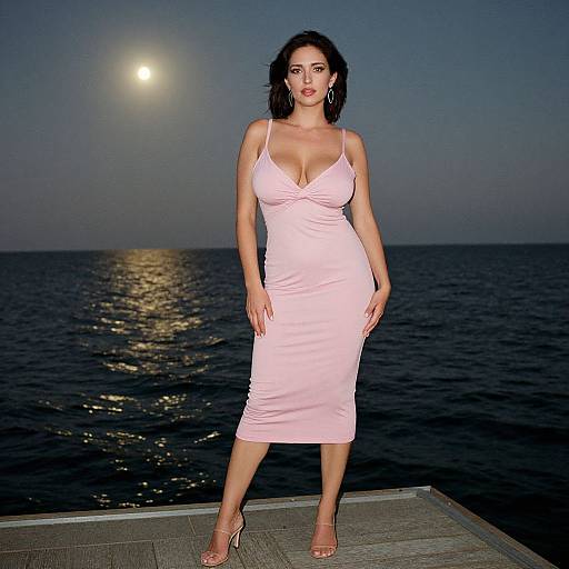 Photograph of a curvy woman with dark hair, wearing a low-cut, pink, form-fitting dress and beige heels, standing on a dock
