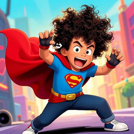 Cartoon child with curly hair, wearing Superman costume, red cape, blue shirt, and jeans, shouting with arms raised, in vibrant cityscape background