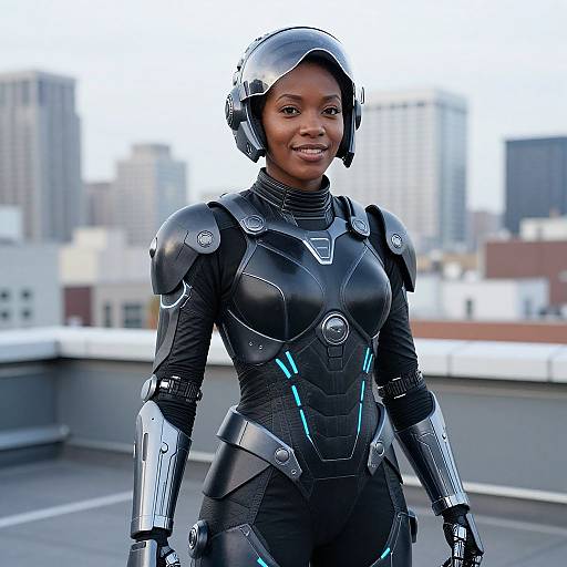 Photograph of a smiling Black woman in a sleek, black, futuristic armored suit with blue accents, standing on a rooftop with a blurred cityscape background