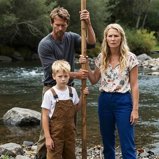 Three People by a River Scene