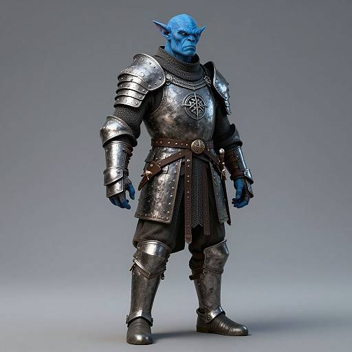 Photograph of a blue-skinned, muscular orc warrior in full silver armor with a pentagram on the chest, brown belt, and chainmail skirt