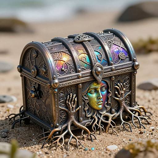 Photograph of an intricately designed, metallic treasure chest with colorful stained glass panels and roots emerging from the sand, blending fantasy and nature elements.
