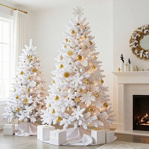 Photograph of two white, lit Christmas trees adorned with gold ornaments, standing beside a white fireplace with a wreath and candles.